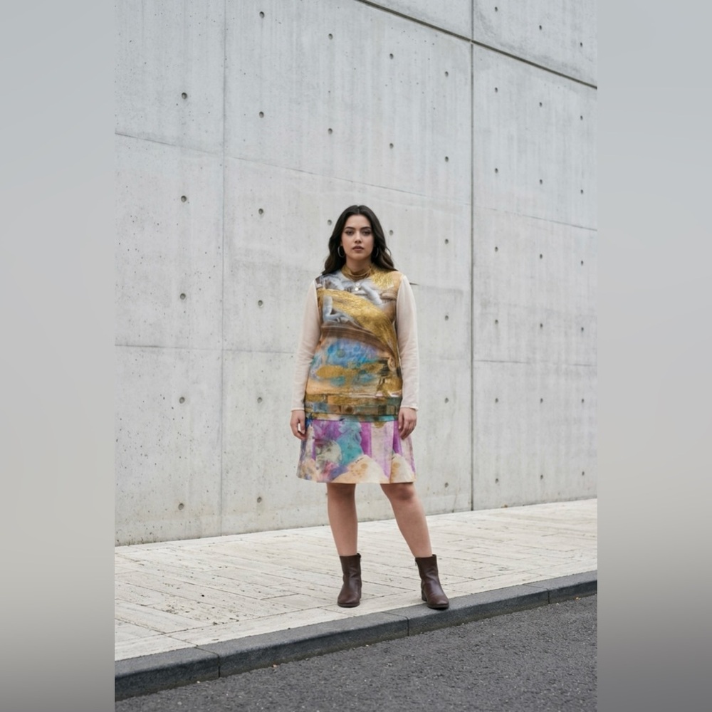 Just Cavalli Multicolor Abstract Midi Dress with Cream Sheer Sleeves, pre-owned
